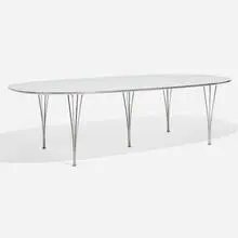 Ellipse dining table by Piet Hein and Bruno Mathsson Arne Jacobsen, 1968 / 1991, lacquered wood, chrome-plated steel, aluminum, sold Nov 2024