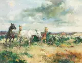 Michael Lyne, Wild horses with huntsman and hounds beyond, oil on canvas