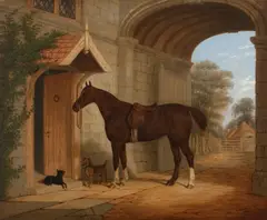 E. Brown, Horse and dog before a stone arch, oil on canvas