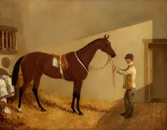 Snr. John Frederick Herring, Mr G Salvin's bay mare 'Alice Hawthorn' held by her lad, oil on canvas