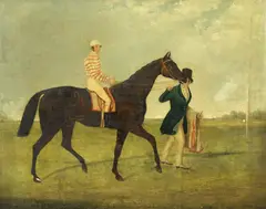 Herbert Clayton Desvignes, Portrait of Sweetmeat, a bay racehorse with the jockey and the trainer, oil on canvas