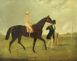 Herbert Clayton Desvignes, Portrait of Sweetmeat, a bay racehorse with the jockey and the trainer, oil on canvas