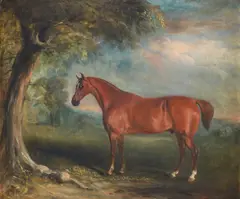 John Ferneley, A chestnut horse in a landscape, oil on canvas