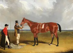 Jnr. John Frederick Herring, Mr H King with his bay mare 'Rosalie' held by her trainer at Royston, oil on canvas