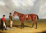 Jnr. John Frederick Herring, Mr H King with his bay mare 'Rosalie' held by her trainer at Royston, oil on canvas