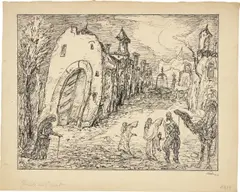 Alfred Kubin, Friede im Orient“. 1939 ?, Tuschfeder auf der Rückseite eines typografisch bedruckten und zugeschnittenen Papierbogens