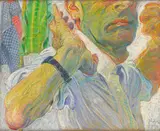 Johannes Grützke, Selbst mit verzerrtem Mund, 1993, Pastellkreide auf braunem Packpapier