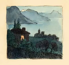 Tessiner Bergdorf am abendlichen See by Hermann Hesse, Aquarell und Tuschfeder auf Papier, sold Nov 2013