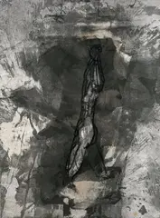 Schreitender by Michael Morgner, 1991, Tusche, Lavage, Asphaltlack, Prägung auf Bütten, Decollage auf Leinwand, sold May 2022