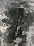 Michael Morgner, Schreitender, 1991, Tusche, Lavage, Asphaltlack, Prägung auf Bütten, Decollage auf Leinwand