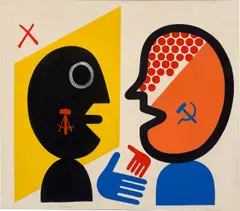 AUGUREN (SICH FEIERNDE FREUNDE) by Hans Ticha, 1989, Öl auf Leinwand, sold May 2023