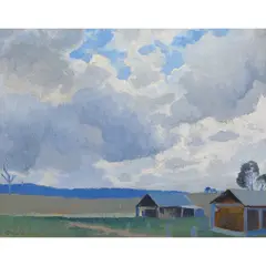 Elioth Gruner, Rural Landscape under Cloudy Skies, oil on canvas on board, double sided