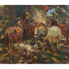 (Farmyard at Feeding Time) by Harold Septimus Power, oil on linen, sold Oct 2026