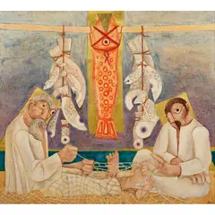 Leonard French, The Netmenders, 1987-89, enamel and gold leaf on hessian covered hardboard