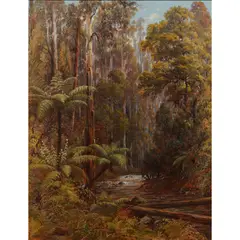 Charles Rolando, Forest Stream and Bush Walker, oil on linen