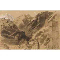 Jean-Baptise Camille Corot, French Alps Village at Base, crayon and pencil on paper