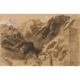 Jean-Baptise Camille Corot, French Alps Village at Base, crayon and pencil on paper
