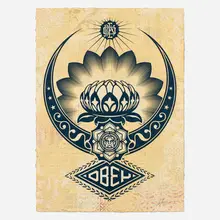 Shepard Fairey, Lotus Ornament, 2019, screenprint in colors and mixed media collage on paper, HPM