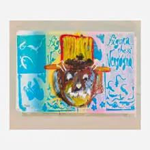 Alessandro Pessoli, Untitled, 2020, acrylic, spray paint and linocut in colors on board