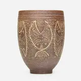 Early vessel by Edwin and Mary Scheier, c. 1955, glazed stoneware with sgraffito decoration, sold Sep 2020