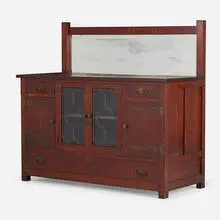Rare sideboard by Roycroft, 1906-15, oak, mirrored and clear glass, copper, sold Sep 2020