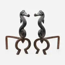 William Wallace Denslow for Roycroft, Rare seahorse andirons, pair, c. 1902, wrought and cast iron