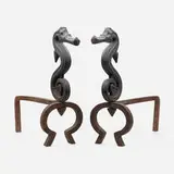 William Wallace Denslow for Roycroft, Rare seahorse andirons, pair, c. 1902, wrought and cast iron
