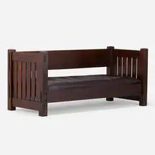 Gustav Stickley, knock-down settle, model 210, c. 1902, oak, vinyl upholstery