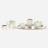 Art Deco five-piece tea and coffee service with tray by Meister der Wunder von Mariazell, c. 1915, silver, sold Sep 2020