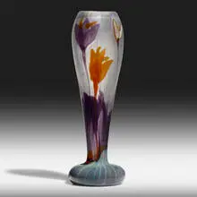 Important marquetry vase with crocuses by Émile Gallé, c. 1900, acid-etched and wheel-carved cameo glass, sold Sep 2020