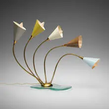 attribution Stilnovo, Adjustable five-arm table lamp, c. 1950, brass, glass, enameled metal