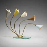 attribution Stilnovo, Adjustable five-arm table lamp, c. 1950, brass, glass, enameled metal