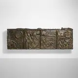 Sculpted Bronze wall-hanging cabinet, model PE-40 by Paul Evans, 1969, bronzed resin over wood, slate, sold Oct 2024