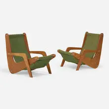 Brazilian, Boomerang lounge chairs, pair, c. 1950, plywood, canvas