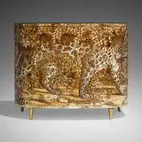 Piero Fornasetti, Leopardo curved chest of drawers, screenprint transfer over mahogany, brass