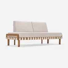 T. H. Robsjohn-Gibbings, Sofa, c. 1955, upholstery, bleached mahogany, canvas webbing
