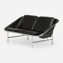Sling settee, model 6381 by George Nelson & Associates, 1963, leather upholstery, chrome-plated steel, sold Oct 2024