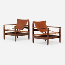 Armchairs, pair by Liceu De Artes E Ofícios, c. 1960, rosewood, stitched saddle leather, sold Oct 2024