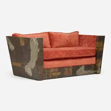 Paul Evans, Patchwork settee, c. 1970, welded and enameled pewter, copper, and bronze, upholstery