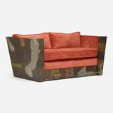 Patchwork settee by Paul Evans, c. 1970, welded and enameled pewter, copper, and bronze, upholstery, sold Oct 2024