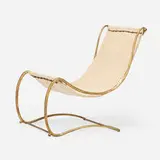 Garden lounge chair by Jean-Charles Moreux and Bolette Natanson, c. 1935, forged and gilt iron, linen, leather cord, sold Oct 2024