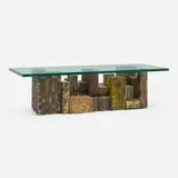 Coffee table by Paul Evans, c. 1974, welded and patinated steel, colored pigments, glass, sold Oct 2024