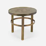 Contemporary occasional table by Philip and Kelvin Laverne, c. 1965, acid-etched brass over pewter and wood, patinated brass, sold Oct 2024