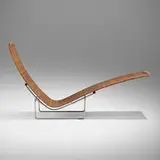 PK 24 chaise lounge by Poul Kjærholm, 1967, chrome-plated stainless steel, cane, sold Oct 2024