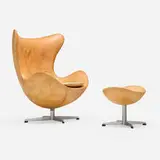 Arne Jacobsen, Egg chair and ottoman, 1958, leather upholstery, cast aluminum, plastic