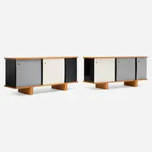 Charlotte Perriand, Custom Bloc cabinets for Roberto Matta, pair, 1958 / 1960, elm veneer, enameled steel, plastic, aluminum