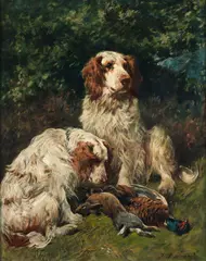 John Emms, Two Clumber Spaniels with game in a landscape, oil on canvas