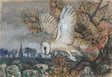Charles Frederick Tunnicliffe R.A., Barn Owl flying, Old Brampton Church beyond, pencil and watercolour