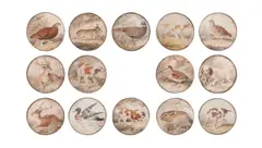 Samuel Howitt, A set of 14 watercolour painted hunt buttons depicting game animals, Contained within an oval glazed case,  each button 2.8cm (1in) diameter