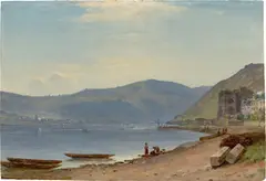 Carl Morgenstern, Blick auf das Binger Loch bei Rüdesheim, Öl auf Karton